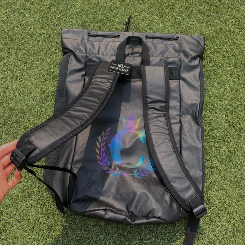 Culture Kings Black Holographic Font Backpack